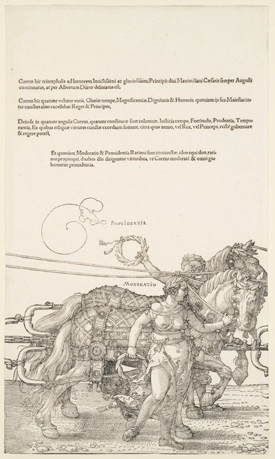 De grote triomfwagen: Providentia en Moderatio door Albrecht Dürer