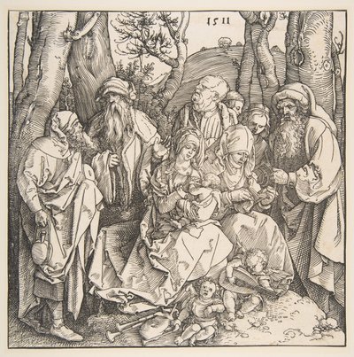 De Heilige Familie met Heiligen en Twee Muzikale Engelen door Albrecht Dürer