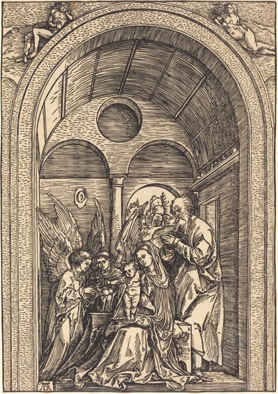 De Heilige Familie met Twee Engelen in een Gewelfde Hal door Albrecht Dürer