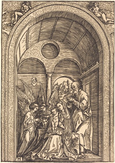 De Heilige Familie met twee engelen in een gewelfde hal door Albrecht Dürer