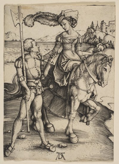 De dame te paard en de lansquenet, ca. 1497 door Albrecht Dürer
