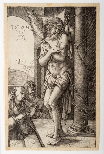 De Man van Smarten bij de Zuil met de Maagd en St. Johannes, uit de Gegraveerde Passie door Albrecht Dürer