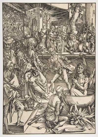 Het Martelaarschap van Sint Jan, uit De Apocalyps, Latijnse Editie 1511 door Albrecht Dürer