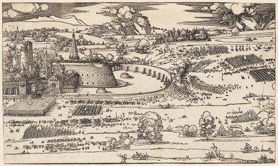 De belegering van een vesting (alleen linkerzijde, van 2 blokken) door Albrecht Dürer