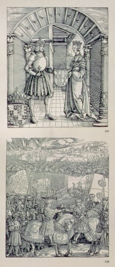 De Triomfboog van Keizer Maximiliaan I van Duitsland (1459-1519): detail met twee panelen boven de linkerpoort die (boven) Maximiliaan I en zijn eerste vrouw Maria van Bourgondië (1457-82) tonen door Albrecht Dürer