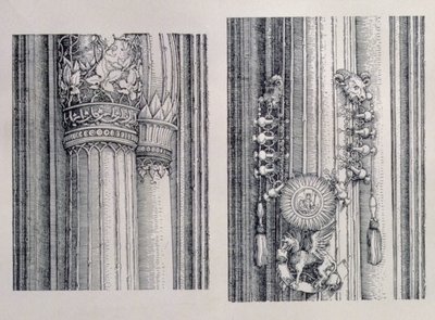 De Triomfboog van Keizer Maximiliaan I van Duitsland (1459-1519): twee details van de centrale Poorten van Eer en Macht met linkerzuil en kapiteelversieringen, gedateerd 1515, uitgegeven 1517-18 door Albrecht Dürer