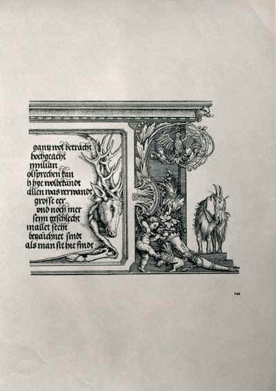 De Triomfboog van Keizer Maximiliaan I van Duitsland: detail van een hertenhuid met een inscriptie en een geit door Albrecht Dürer