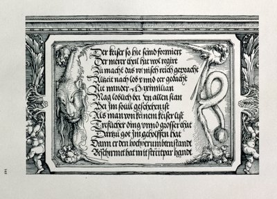 De Triomfboog van Keizer Maximiliaan I van Duitsland: detail van een leeuwenhuid met een inscriptie door Albrecht Dürer