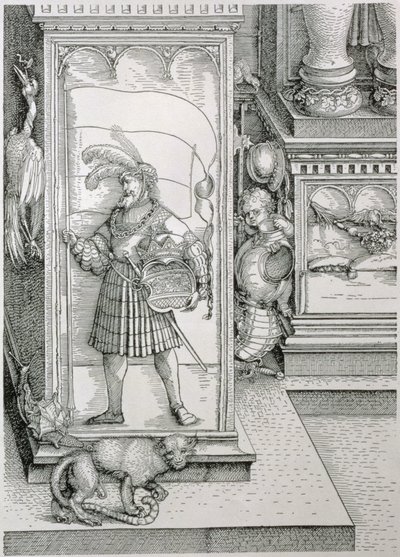 De Triomfboog van Keizer Maximiliaan I van Duitsland: detail van een portaalzuil met een reliëf van een man met een standaard en een gekroond wapen door Albrecht Dürer