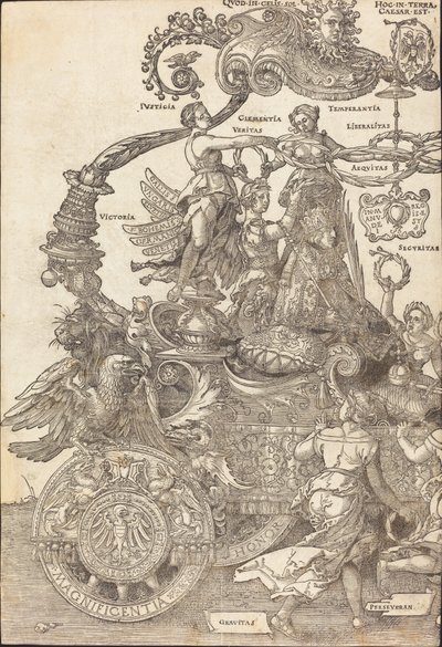 De triomfwagen van Maximiliaan I De grote triomfwagen [plaat 1 van 8], 1523 Latijnse editie door Albrecht Dürer