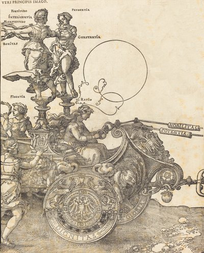 De triomfwagen van Maximiliaan I De grote triomfwagen [plaat 2 van 8], Latijnse editie door Albrecht Dürer