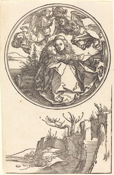 De Maagd gekroond door twee engelen boven een landschap door Albrecht Dürer
