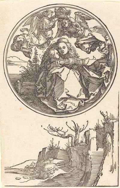 De Maagd gekroond door twee engelen boven een landschap door Albrecht Dürer