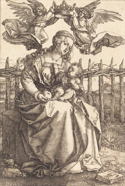 De Maagd en Kind gekroond door twee engelen door Albrecht Dürer