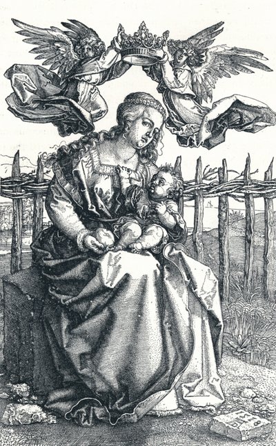 De Maagd en Kind gekroond door twee Engelen door Albrecht Dürer