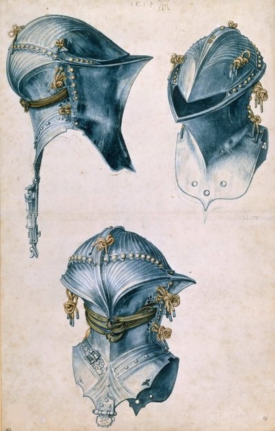 Drie aanzichten van een steekhelm door Albrecht Dürer