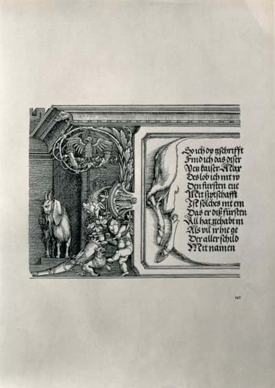 Triomfboog van Keizer Maximiliaan I van Duitsland: detail van een hertenhuid met een inscriptie en een geit door Albrecht Dürer