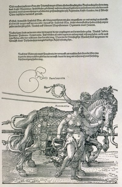 Triomfwagen van keizer Maximiliaan I van Duitsland (1459-1519): detail van de paardenteams, geleid door twee deugden, Voorzienigheid en Matiging, gepubliceerd ca.1518 door Albrecht Dürer