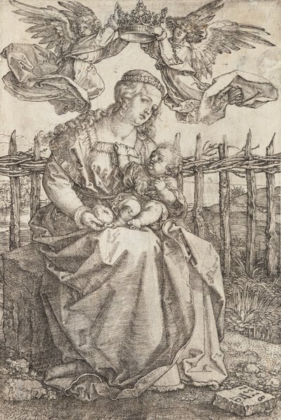 Maagd Maria gekroond door twee engelen door Albrecht Dürer
