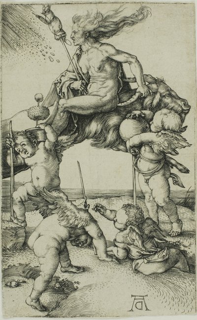 Heks die achteruit op een geit rijdt door Albrecht Dürer