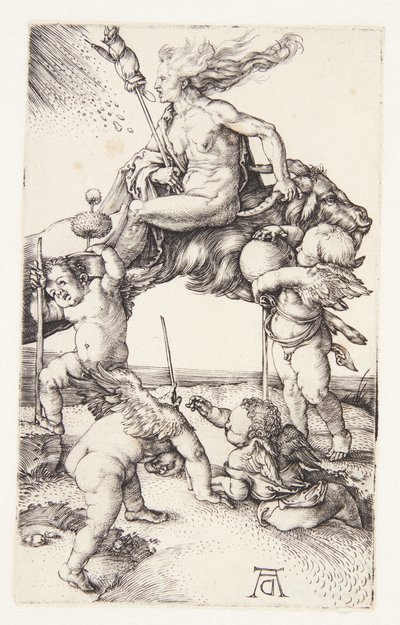 Heks die achteruit rijdt op een geit door Albrecht Dürer