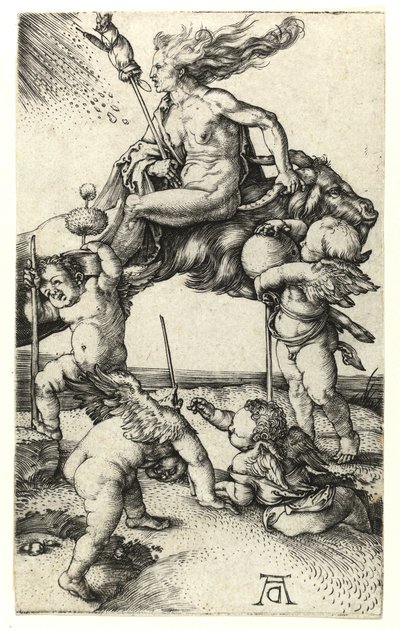 Heks die achterstevoren op een geit rijdt, ca. 1505 door Albrecht Dürer