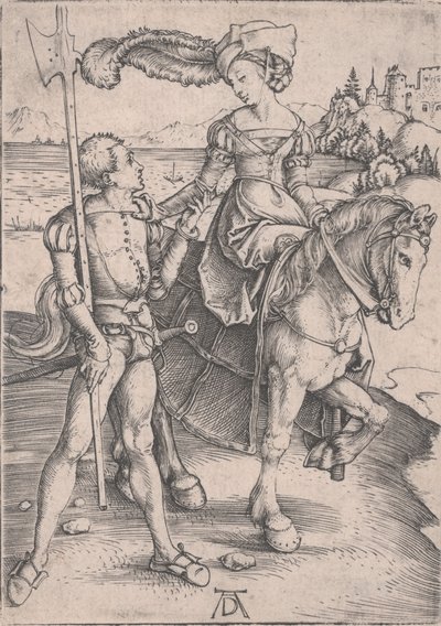 Een dame te paard en een lansquenet door Albrecht Dürer
