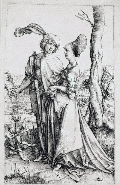 Een wandelend paar, bekeken door de Dood verborgen achter een boom, met een zandloper. Gravure door Albrecht Dürer (1471-1528) 1496-1498. Dim. 19x12 cm. Berlijn, gravurekabinet door Albrecht Dürer