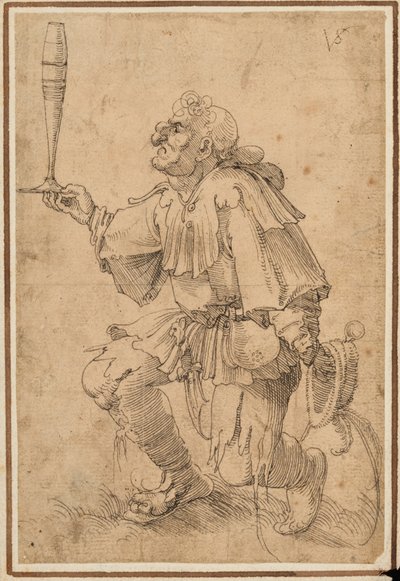 Een groteske man knielend, met een hoog bierglas aan de basis door Albrecht Dürer