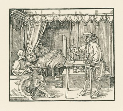 Een kunstenaar tekent een zittende man op een glasplaat door een vizier door Albrecht Dürer or Duerer