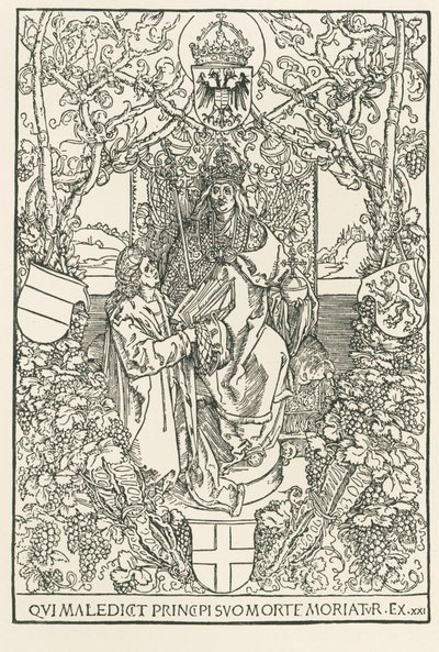 Keltes presenteert zijn werk aan keizer Maximiliaan, gedrukt voor de Sodalitas Celtica, Neurenberg door Albrecht Dürer or Duerer