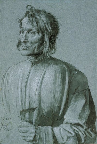 Portret van een architect (Hieronimus von Augsburg) - Tekening door Albrecht Durer (1471-1528), Pen, penseel, zwarte inkt en witte kleur op donkerblauw papier 1506 - Staatliche Museen, Berlijn door Albrecht Dürer