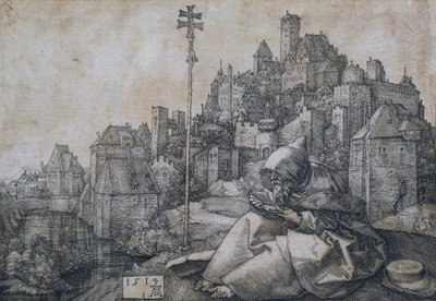 Sint Antonius zittend tegenover een stad door Albrecht Dürer
