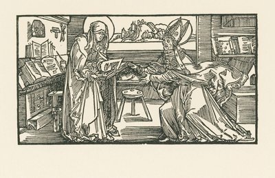 Heilige Birgitta in haar kamer overhandigt haar werk aan een bisschop door Albrecht Dürer or Duerer