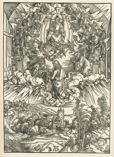Johannes voor God en de vierentwintig oudsten in de hemel. De Openbaring van Johannes, ca. 1496 (houtsnede) door Albrecht Dürer or Duerer