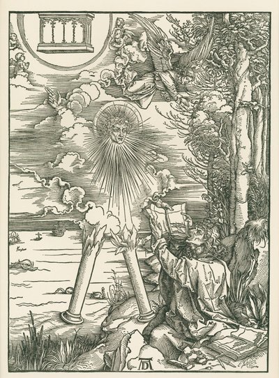 Johannes verslindt het boek dat door de engel wordt aangeboden. De Openbaring van Johannes, c.1498 (houtsnede) door Albrecht Dürer or Duerer