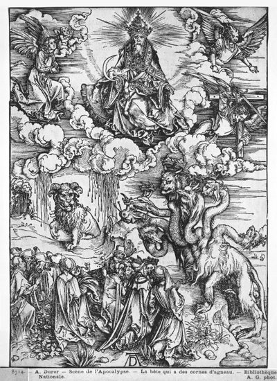 Scène uit de Apocalyps, De zevenkoppige en tienhoornige draak door Albrecht Dürer