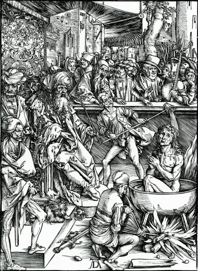 St. Johannes de Evangelist wordt gemarteld in een vat kokende olie, uit de 