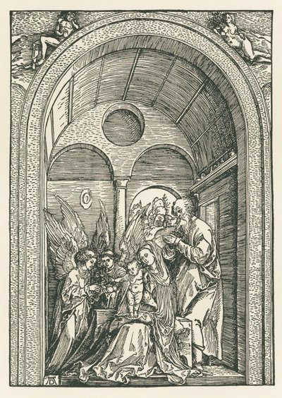 De Heilige Familie met twee engelen in een portiek, c.1503-04 (houtsnede) door Albrecht Dürer or Duerer