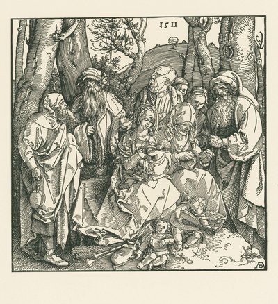 De heilige verwantschap met luitspelende engelen door Albrecht Dürer or Duerer