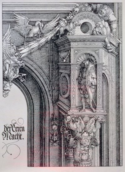 De triomfboog van keizer Maximiliaan I (1459-1519): detail van de centrale boog (de Poort van Eer en Macht) met een blad- en geanimeerd zuilkapiteel dat een ridder ondersteunt die in een architectonische nis staat, een figuur die een kant van een hangend c door Albrecht Dürer