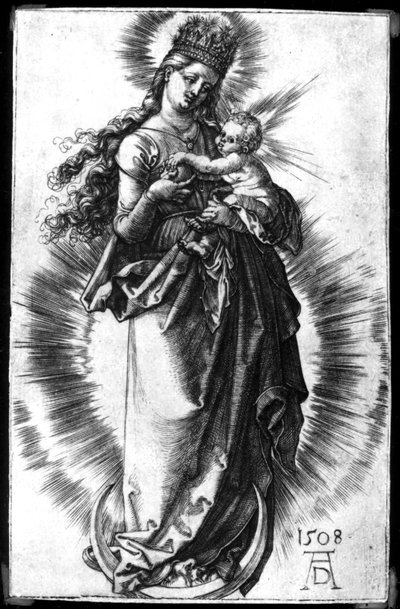 De Maagd en Kind op een halve maan met een sterrenkroon door Albrecht Dürer