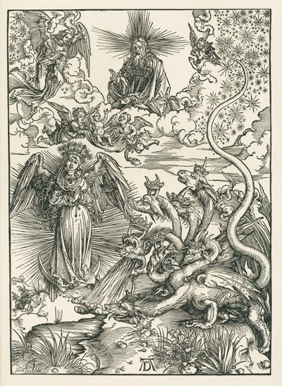 De vrouw bekleed met de zon en de draak met zeven koppen. De Openbaring van Johannes, ca. 1497 (houtsnede) door Albrecht Dürer or Duerer