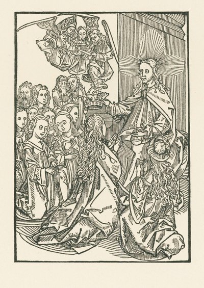 De beloning van de uitverkorenen, voorgesteld door de kroning van Maria omringd door de heiligen door Albrecht Dürer or Duerer
