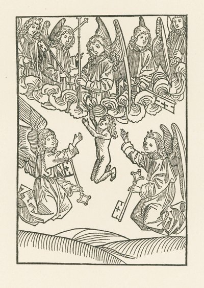 De zeven engelen met een kruis en de zes sleutels, waarmee ze de Hemel openden voor de zes werken van Barmhartigheid, ontvangen een ziel in de Hemel door Albrecht Dürer or Duerer
