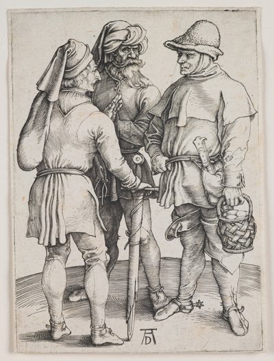 Drie boeren in gesprek, ca. 1497 (gravure) door Albrecht Dürer or Duerer