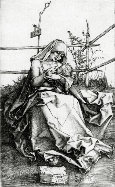 Maagd en kind zittend op een grasbank door Albrecht Dürer