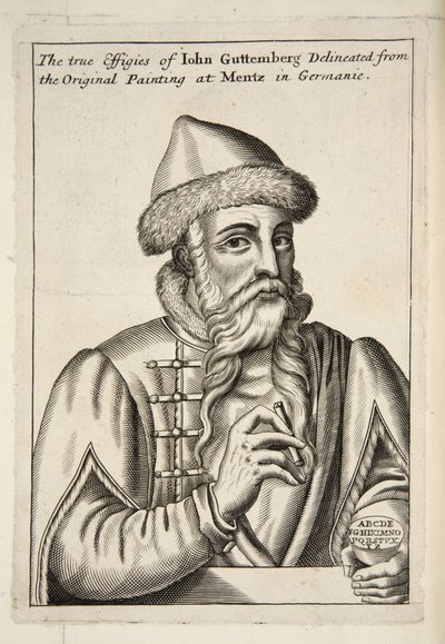 John Guttemberg, uit Mechanick Exercises: or The Doctrine of Handy-Works applied to the Art of Printing, uitgegeven 1683 door Albrecht after Mentz