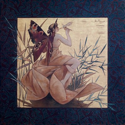 Compositie met gevleugelde nimf tussen het riet - Schilderij van Alexandre de Riquer i Ynglada (1856-1920) door Alejandro de Riquer
