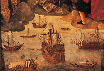 Spaanse karveel (detail van Maagd van de Navigators) door Alejo Fernandez